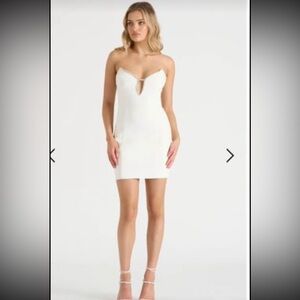 Rhinestone detail white mini dress plunge neckline size large